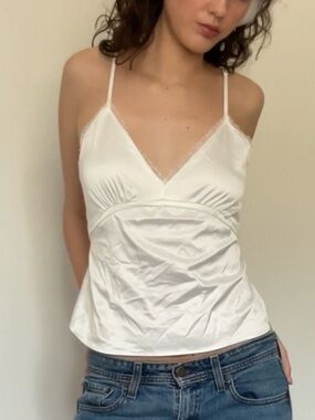 Zara White Satin Lace-Trim Cami